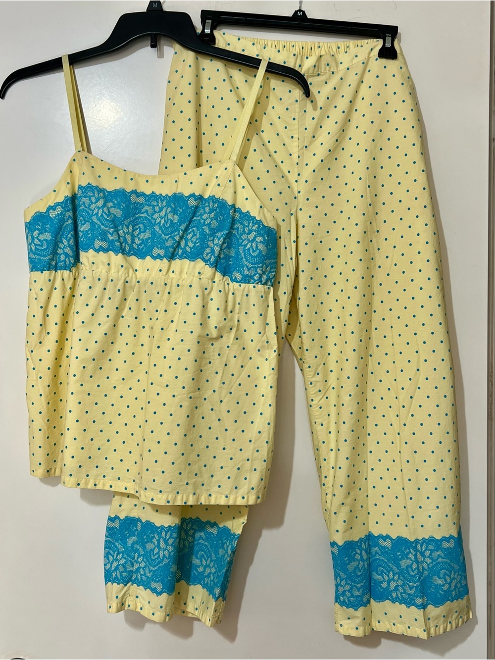 Apostrophe Yellow Polka Dot Pajama Set with Blue Lace Trim